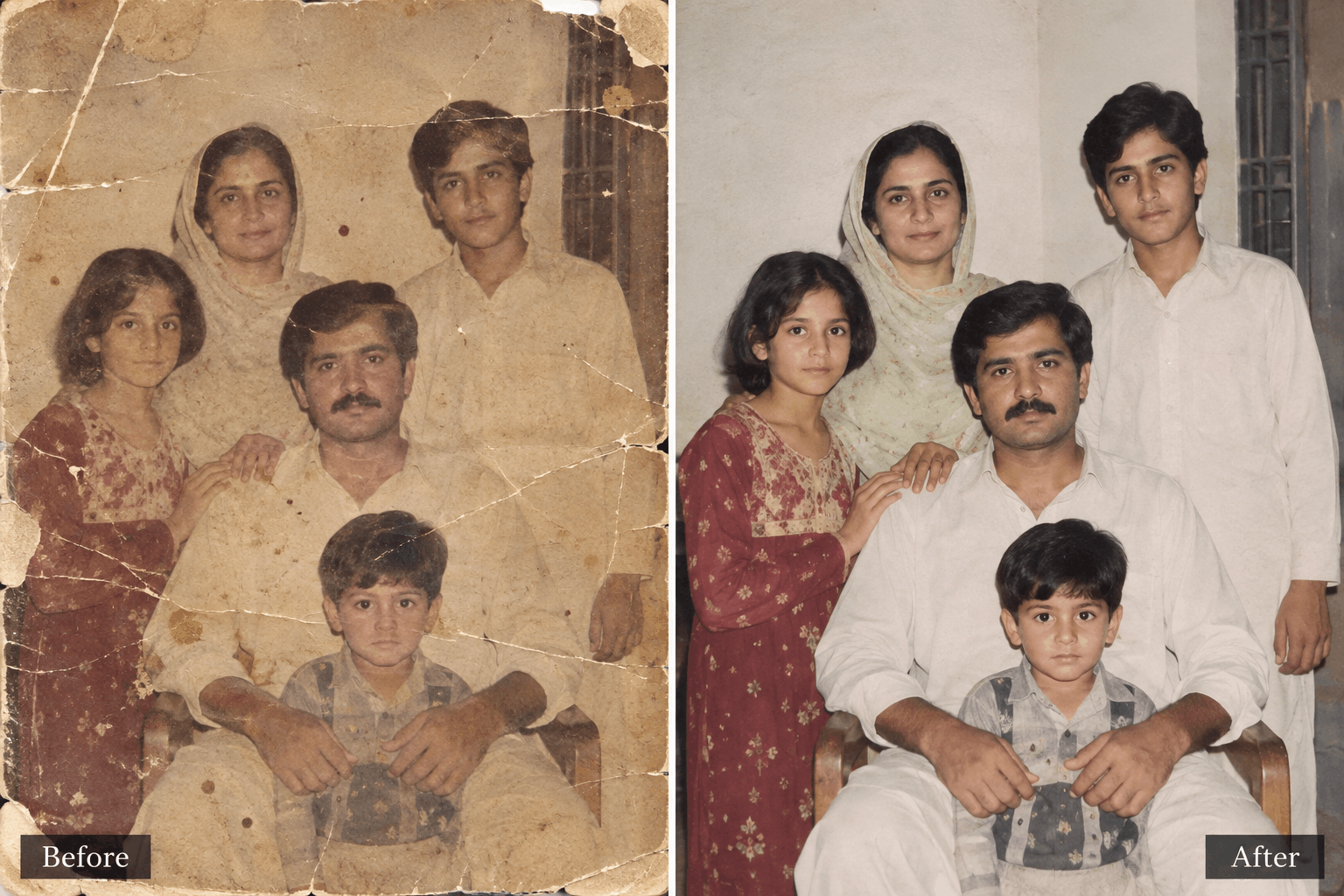 Old damaged family photograph being restored with AI while preserving the original faces