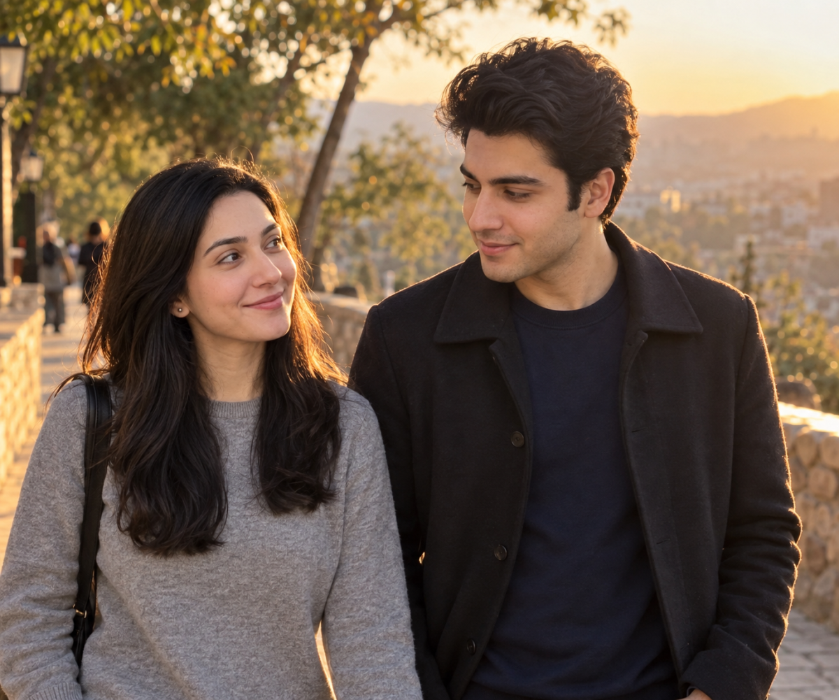 Realistic AI-generated couple walking together during golden hour SEO keywords