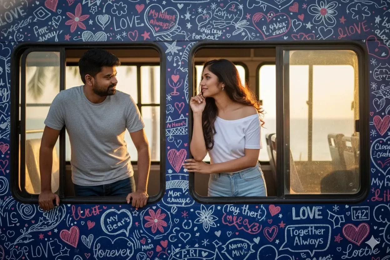 Ultra-Realistic Romantic Bus Window Portrait