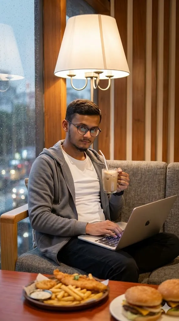 Cozy Café Laptop Portrait