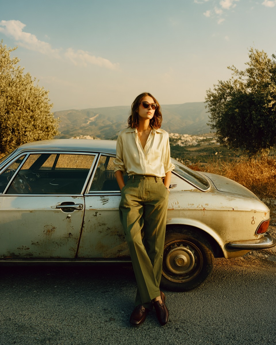 1970s Gucci Model, Vintage Car, Mediterranean Golden Hour - nano banana prompt for gemini ai image generation