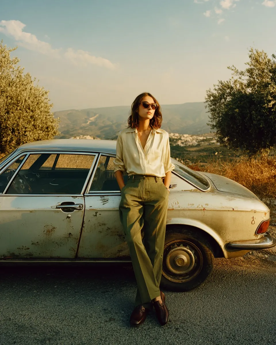 1970s Gucci Model, Vintage Car, Mediterranean Golden Hour