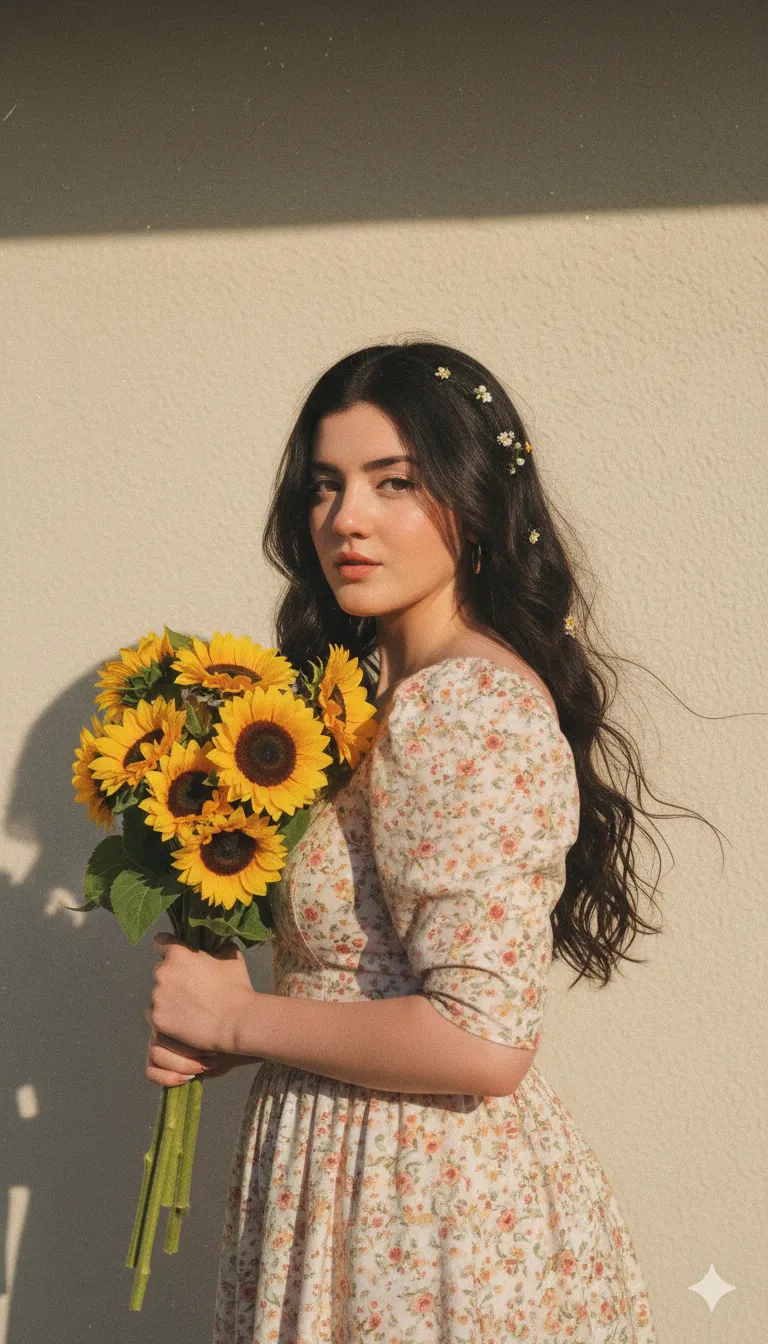 Retro Floral Dream: Mysterious Sunflower Girl AI Art - nano banana prompt for gemini ai image generation