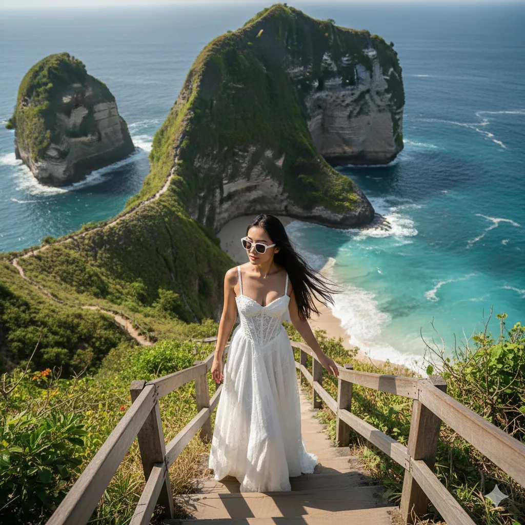 Kelingking Beach Bali Woman Portrait AI Art - nano banana prompt for gemini ai image generation