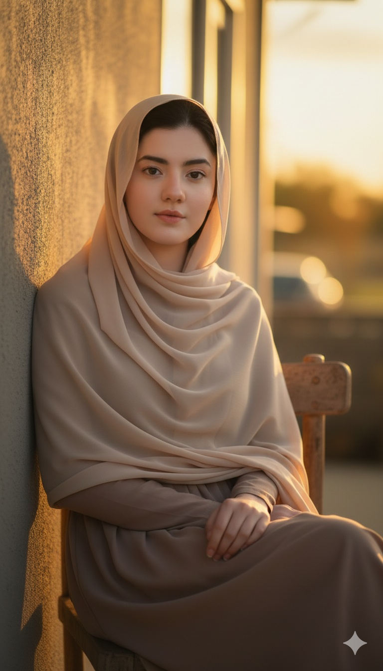 Elegant Muslim Woman Sunset Portrait AI Art - nano banana prompt for gemini ai image generation