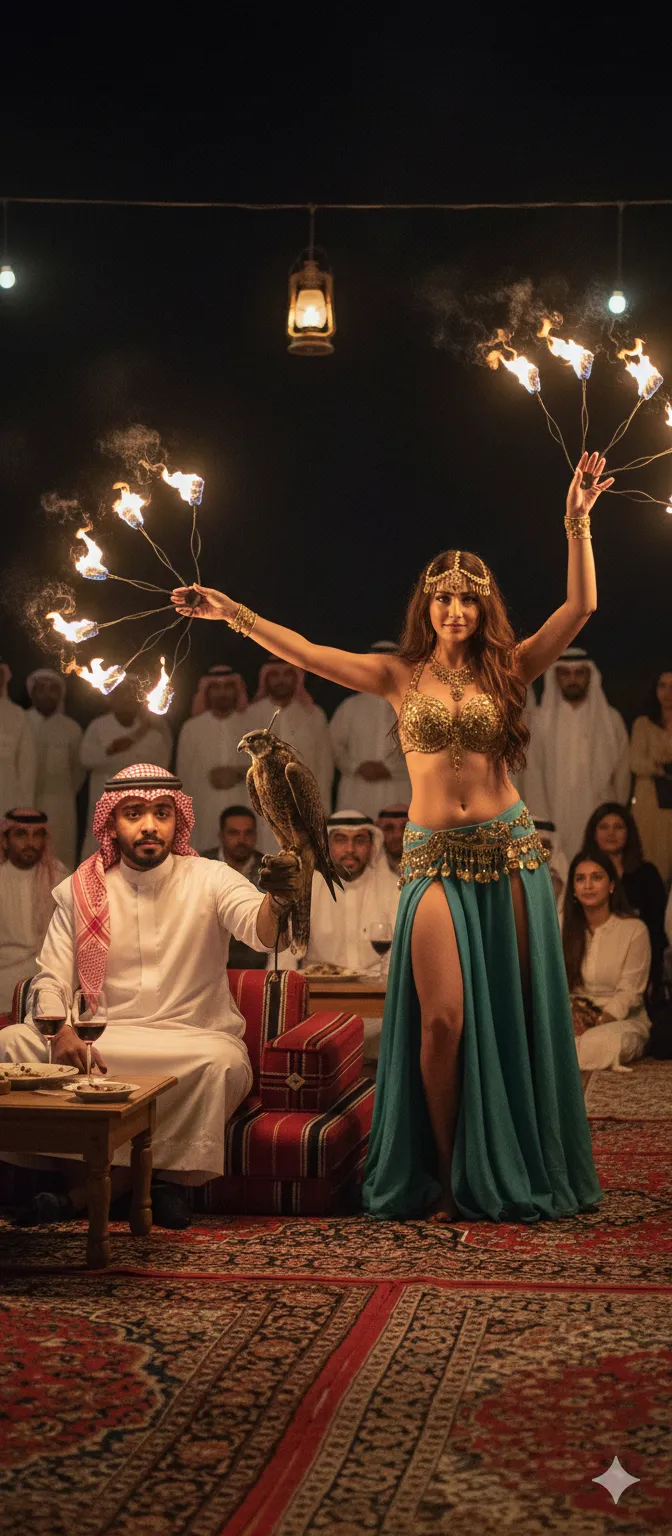 Belly Dancer &amp; Falconry Performance in Desert Night - Nano Banana Art
