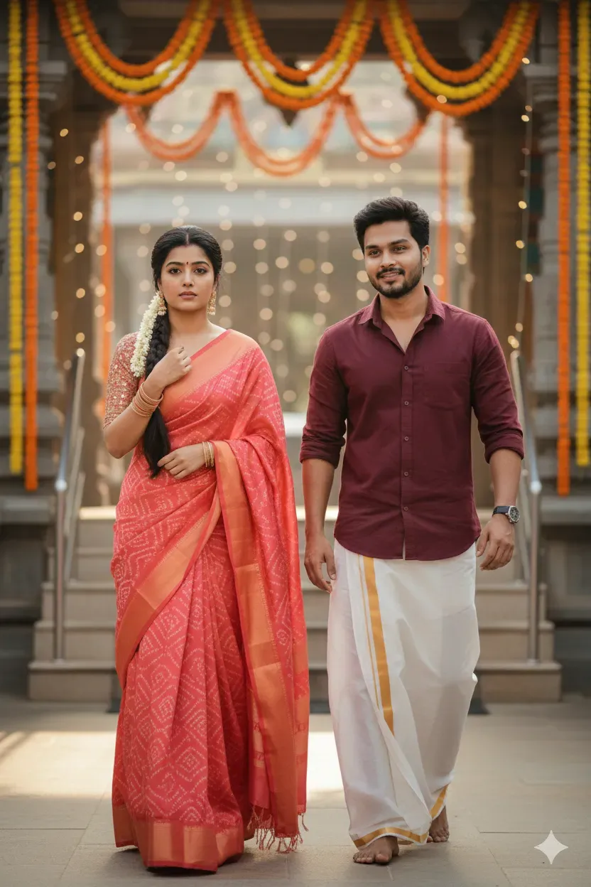 Indian Couple in Festive Temple Attire at Golden Hour