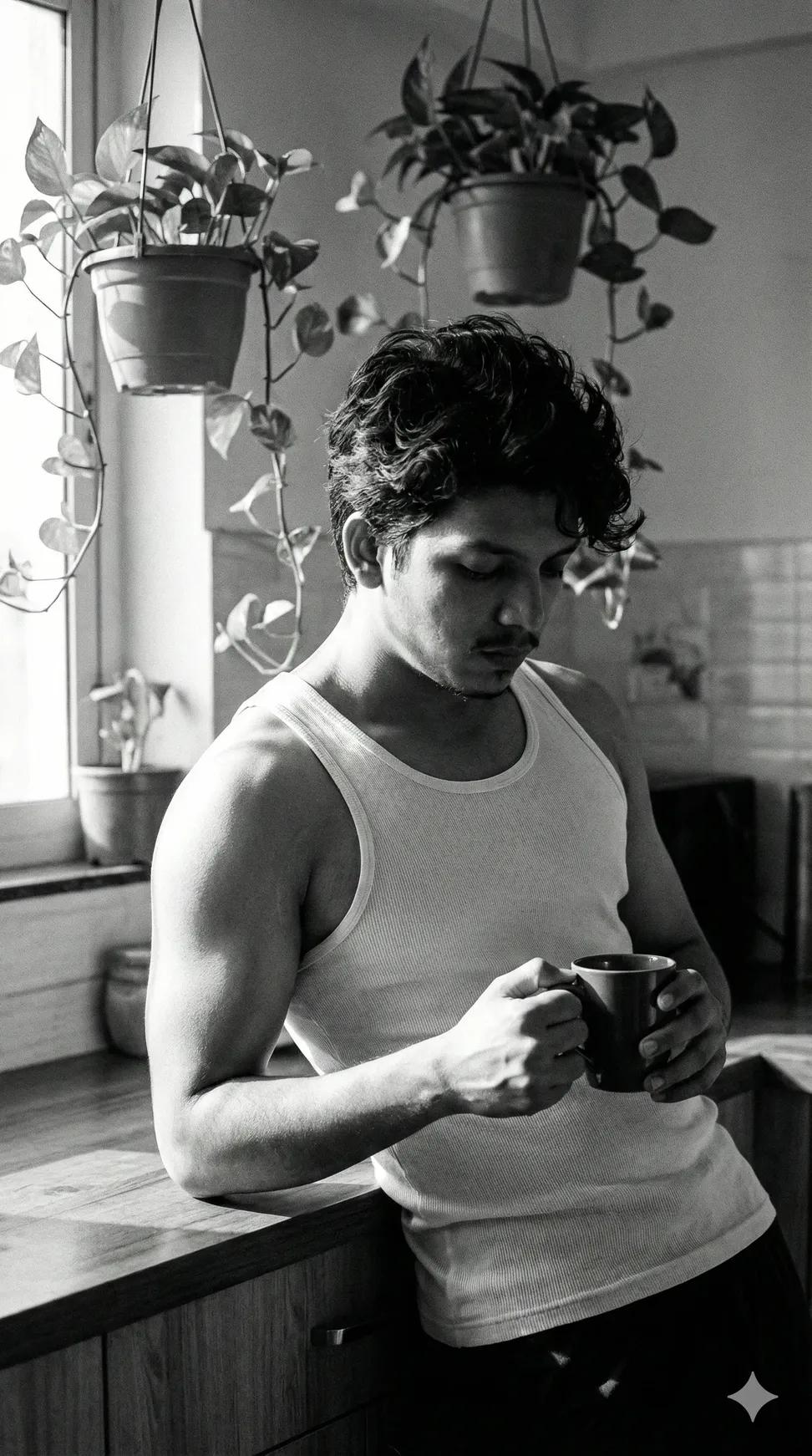 Black &amp; White Photo: Handsome Man in Kitchen with Coffee - Nano Banana Art
