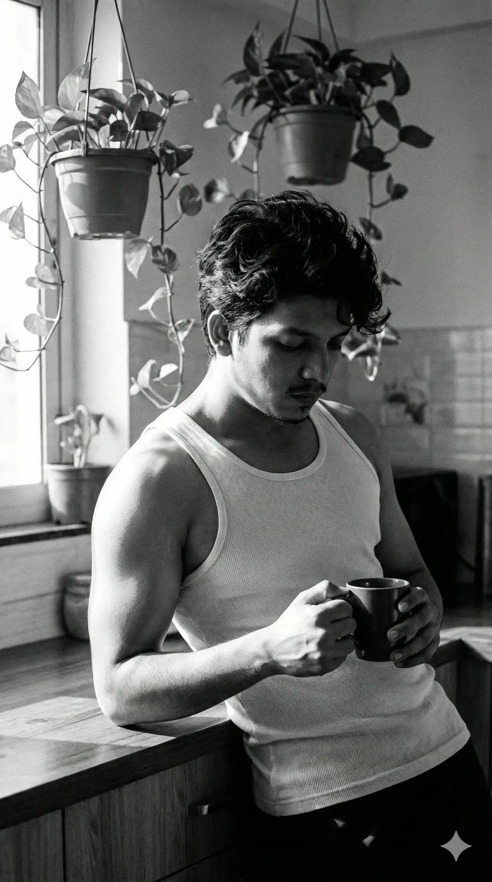 Black &amp; White Photo: Handsome Man in Kitchen with Coffee