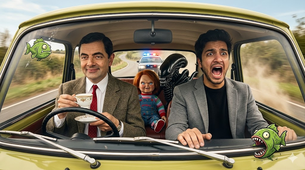 Mr Bean's Chaotic Car Ride - Nano Banana Art
