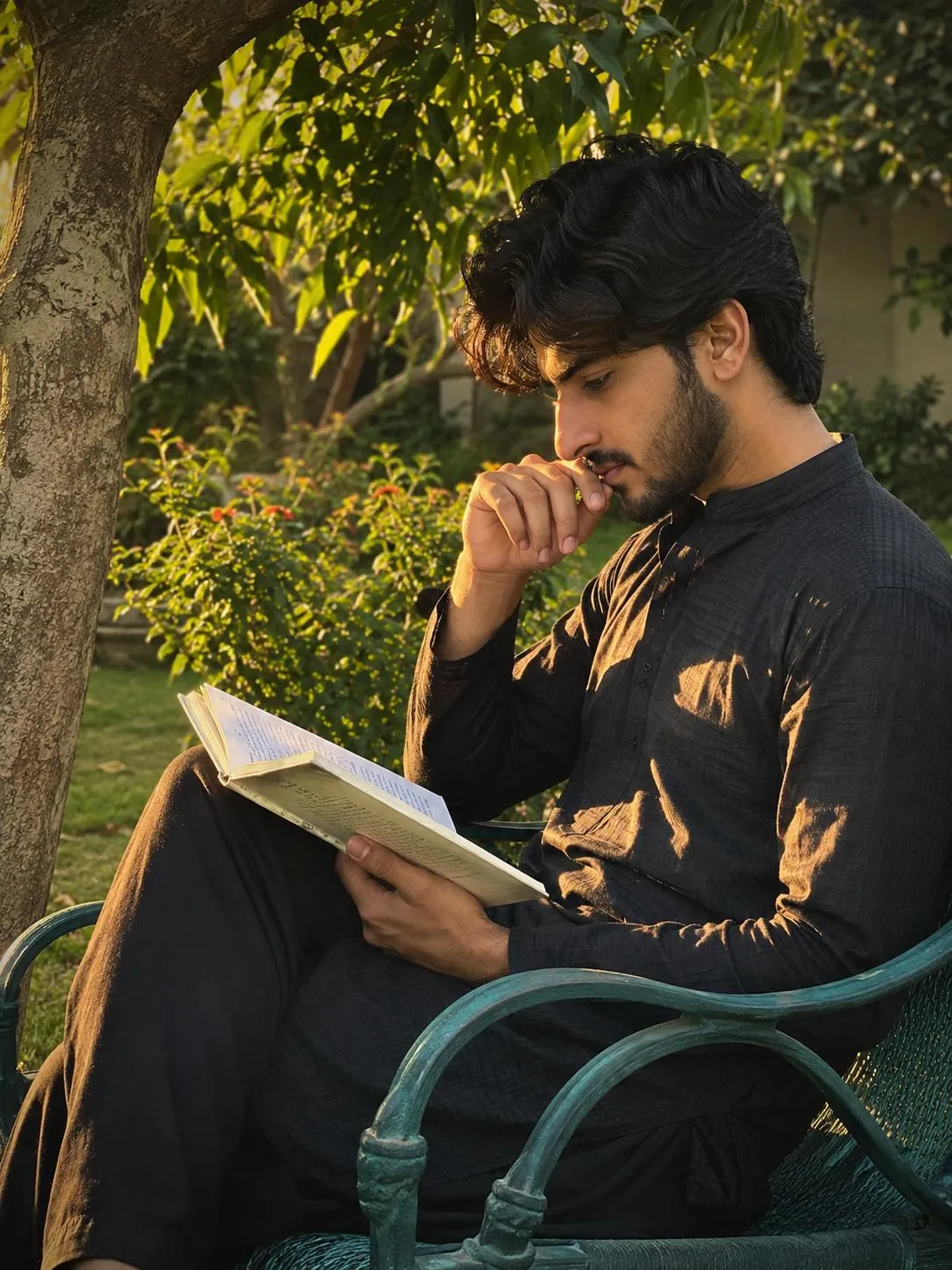 Golden Hour Backyard Reading: Serene Man Portrait