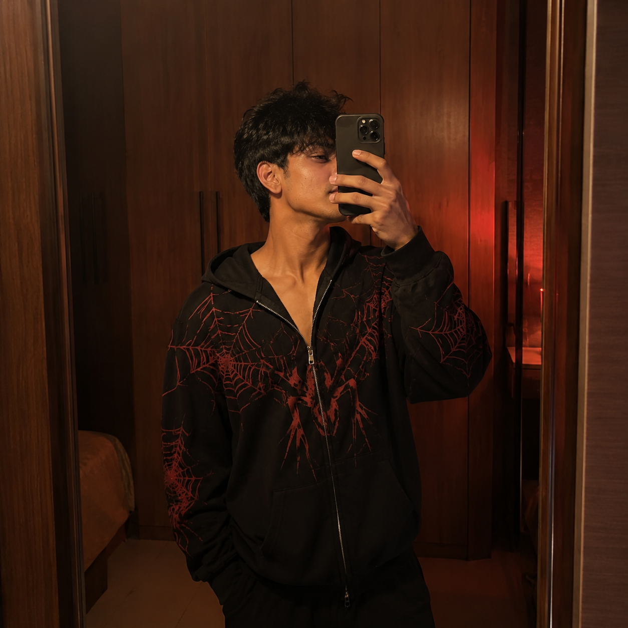 [Viral] Spider Hoodie Mirror Selfie: Dark Streetwear - nano banana prompt for gemini ai image generation