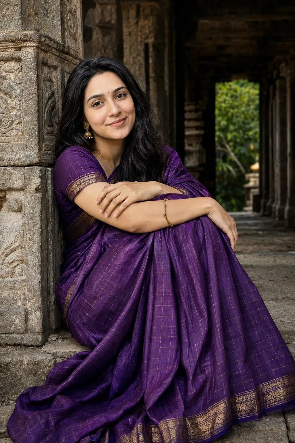 Cinematic Indian Woman Portrait Prompt: Saree & Temple - ChatGPT AI image prompt